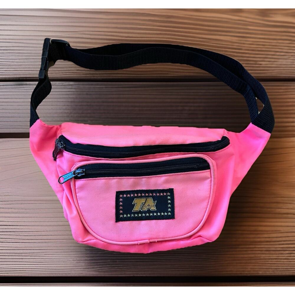 Vintage 90s Streetwear Festival Fanny Pack Belted Waist Bag Neon Pink Nylon “TA”